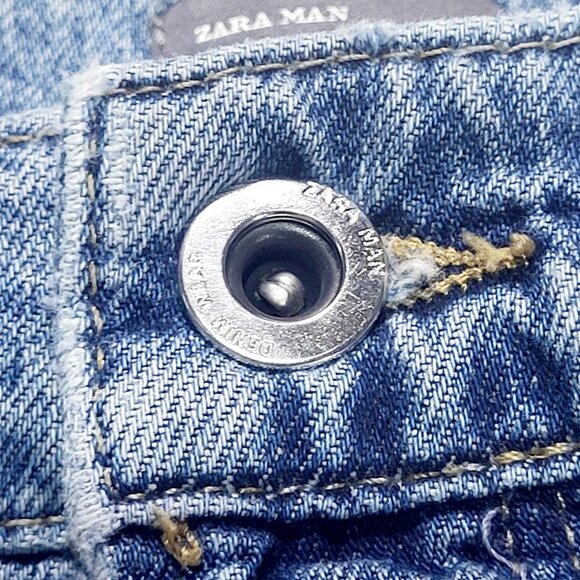 Zara Man Jeans Men 34 Blue Slim Tapered Distressed Embroidered Patchwork Denim - Picture 3 of 16